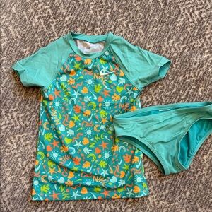 Nike Kids Swim Rashguard Set - Teal and Orange, size Small